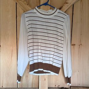 Elegant White and Brown Striped Women's Sweater